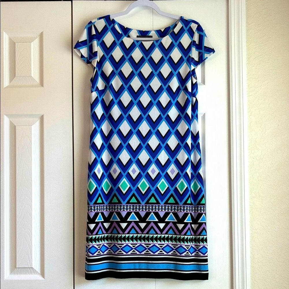 Jessica Howard Blue and Black Geometric Midi Dress Size Medium Short Sleeve